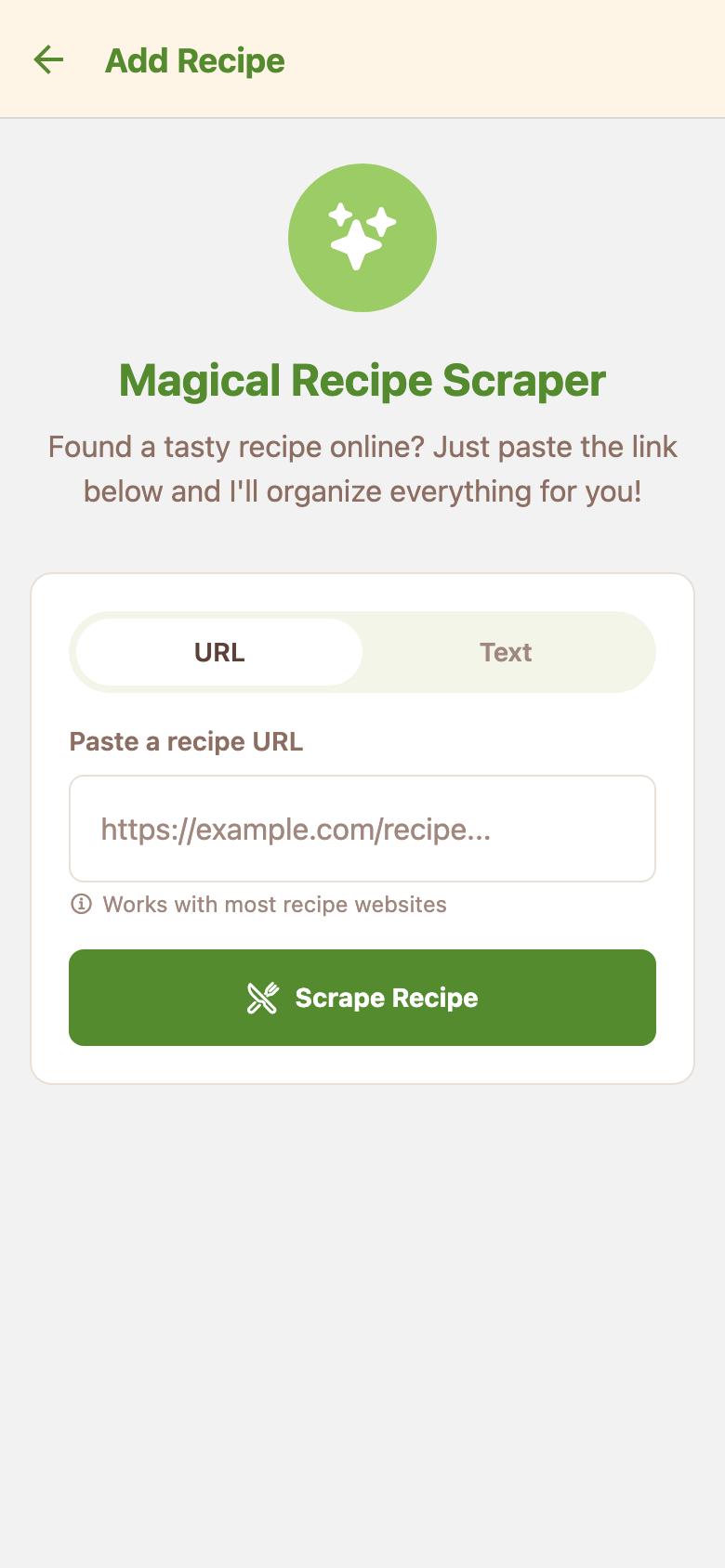 Pip add-recipe screen where you paste a recipe URL to import it