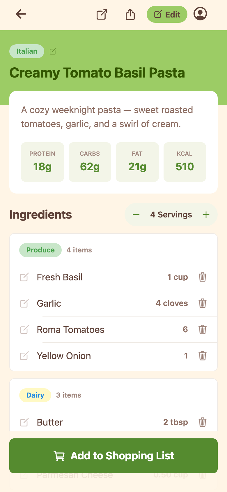Pip recipe page for Creamy Tomato Basil Pasta showing macros per serving and grouped ingredients