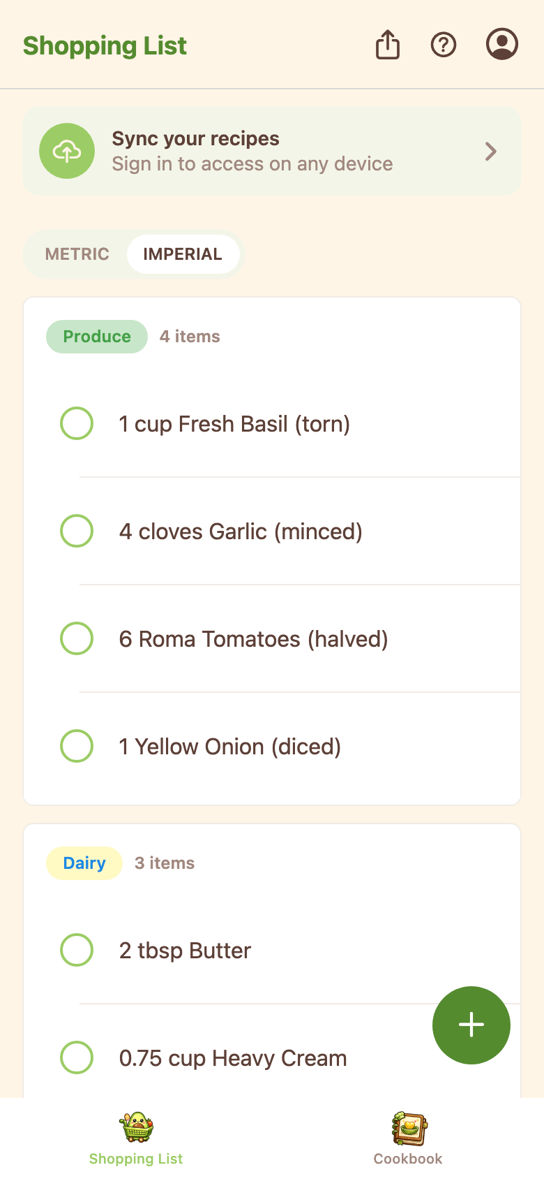 Pip shopping list with ingredients grouped into Produce and Dairy category cards